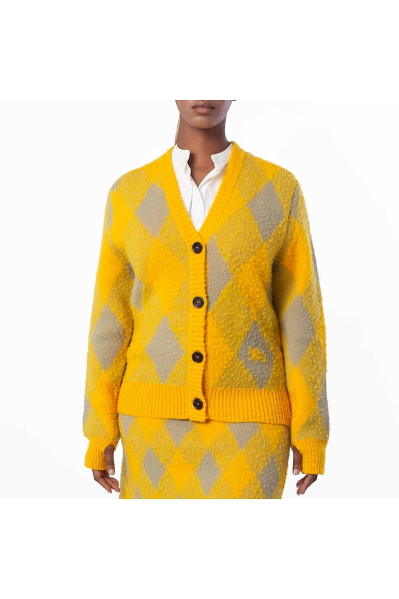 Argyle Diamond Patterned Rib Trim Cardigan, Size Small