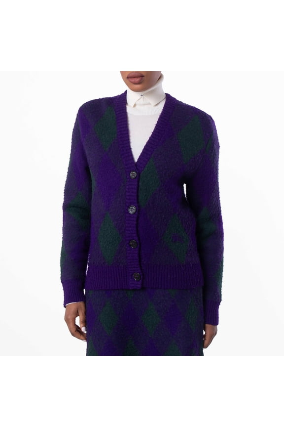 Argyle-Intarsia-Knit V-Neck Wool Cardigan, Size X-Small