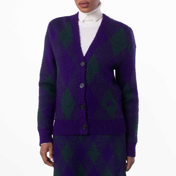 Burberry Argyle-Intarsia-Knit V-Neck Wool Cardigan, Size X-Small