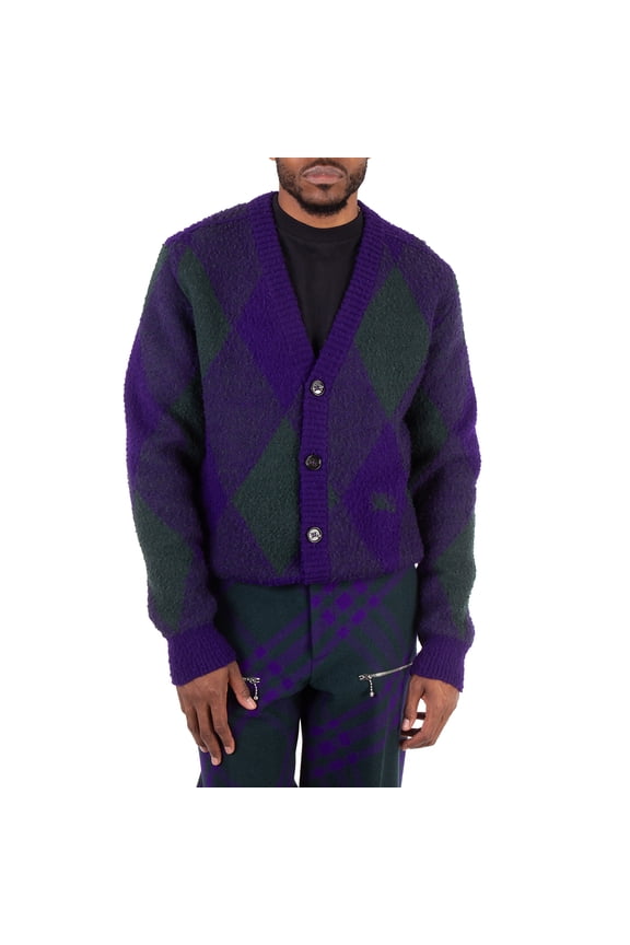 Argyle-Pattern Wool Cardigan, Size Small