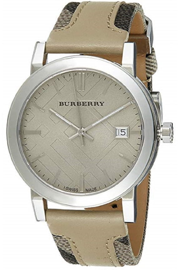 BU9021 Women's Large Check Tan Leather and Canvas Strap Cream Dial Watch