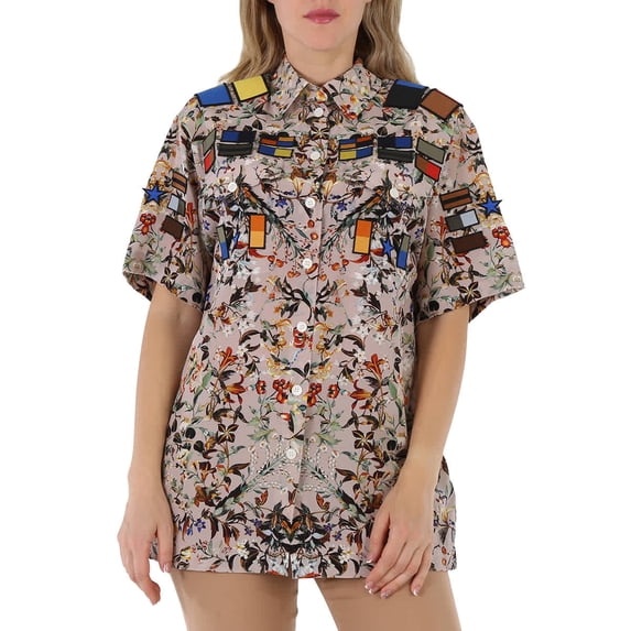 Burberry Badge Appliques Iris Floral-Print Silk Crepe De Chine Oversized Shirt, Brand Size 10 (US Size 8)