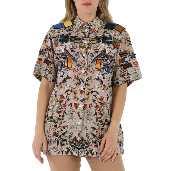 Burberry Badge Appliques Iris Floral-Print Silk Crepe De Chine Oversized Shirt, Brand Size 2 (US Size 0)