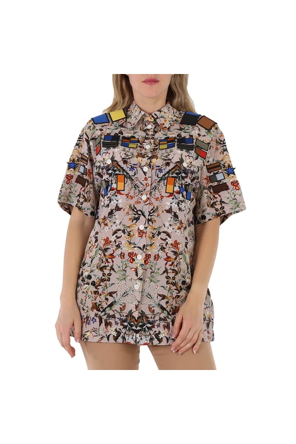 Badge Appliques Iris Floral-Print Silk Crepe De Chine Oversized Shirt, Brand Size 6 (US Size 4)