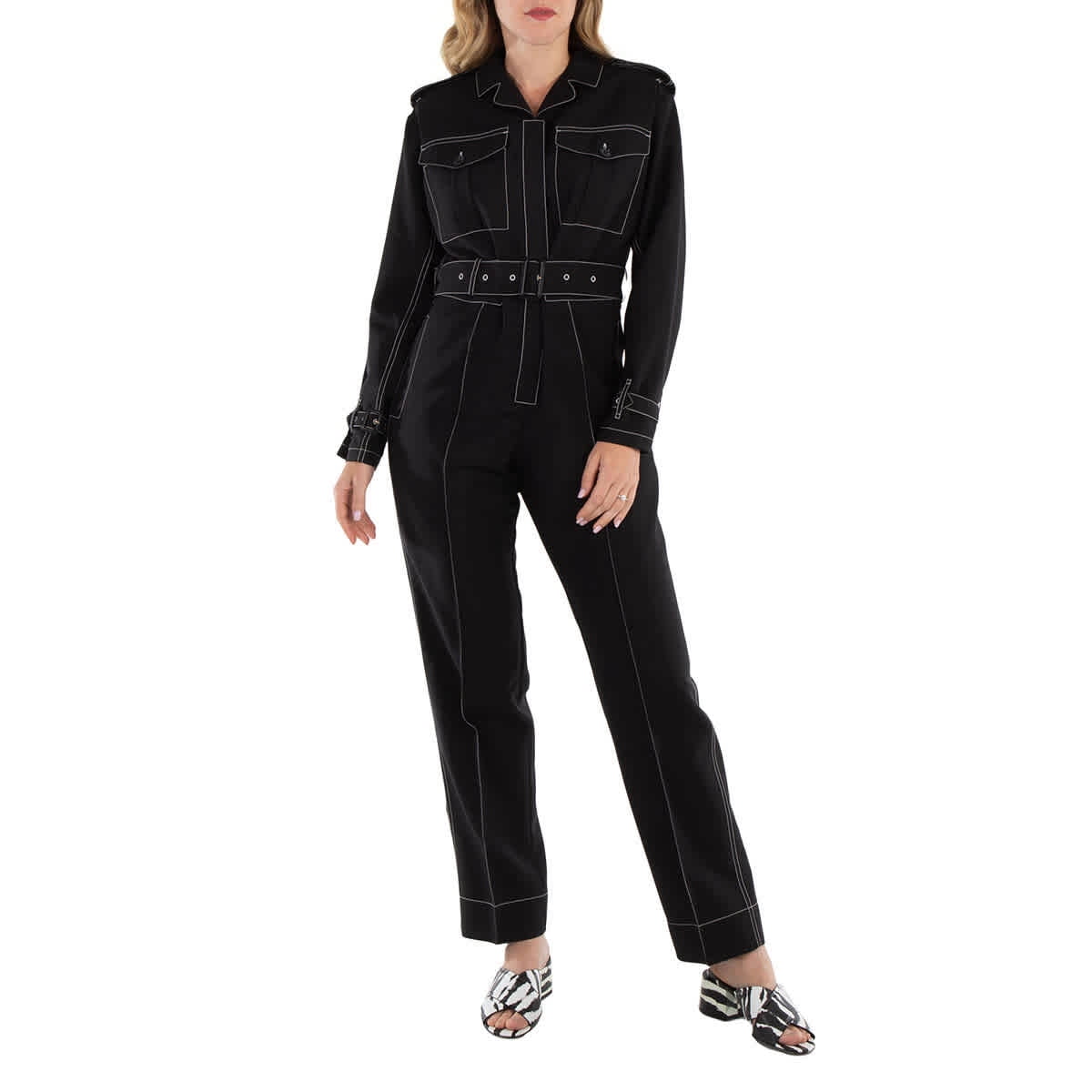 オールインワン・サロペット BALENCIAGA Woman Jumpsuits Black 802117TQV67 1070 Balenciaga Ladies Black V-Neck Cotton Cargo Jumpsuit, Brand