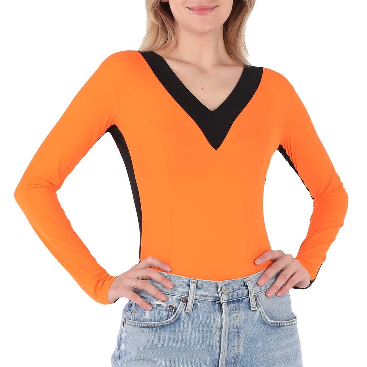 Burberry Bright Orange V neck Bodysuit Size Small Walmart