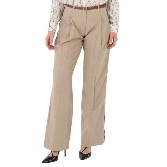 Burberry Camel Melange Wool Leather Stripe Tailored Trousers, Brand Size 4 (US Size 2)