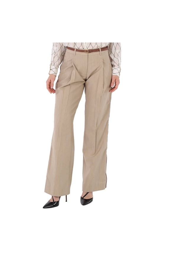 Camel Melange Wool Leather Stripe Tailored Trousers, Brand Size 4 (US Size 2)