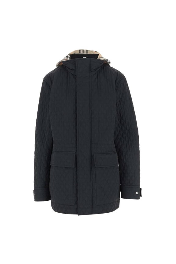 Check-Pattern Hooded Diamond Quilted Jacket, Size X-Small
