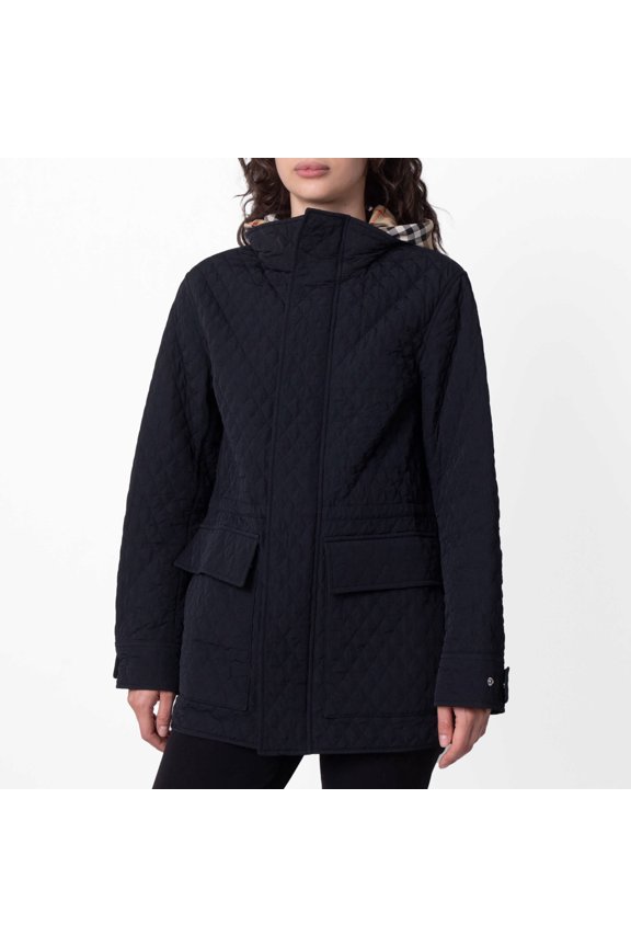Check-Pattern Hooded Diamond Quilted Jacket, Size X-Small