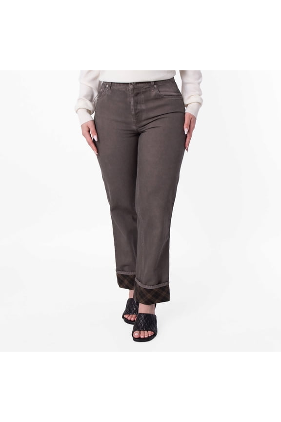 Check Pattern Wide Leg Cotton Jeans, Size 26"