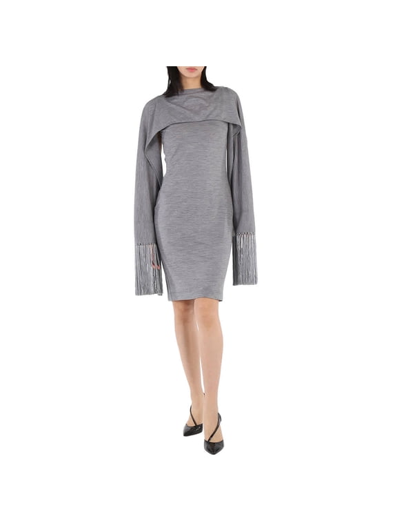 Cloud Grey Merino Wool Sleeveless Dress With Fringed Capelet, Brand Size 2 (US Size 0)