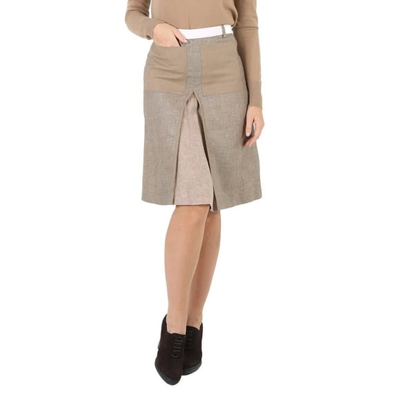 Burberry Contrast Seam And Box-pleat Detail Line A-line Skirt In Cedar Brown Melange, Brand Size 4 (US Size 2)