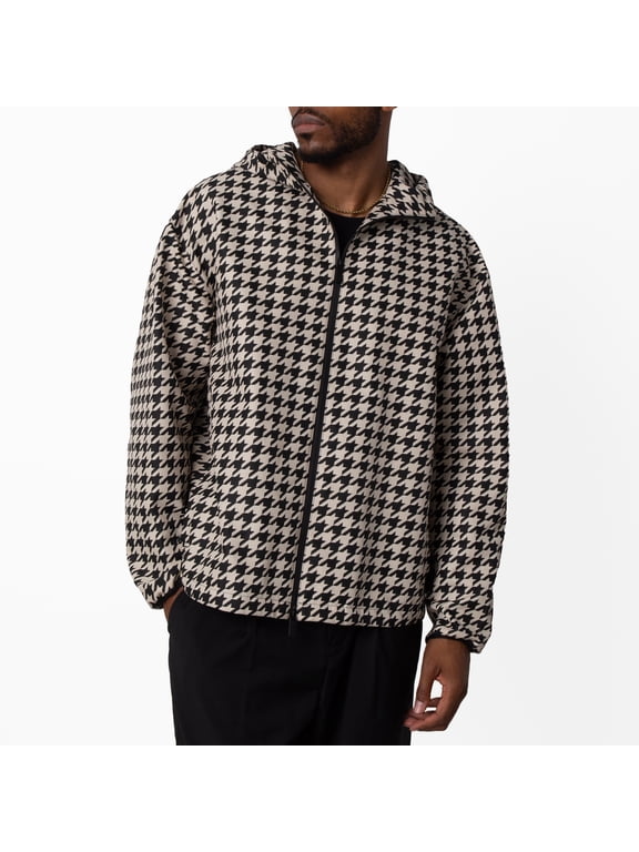 Houndstooth Relaxed Fit Hooded Jacket, Size Large