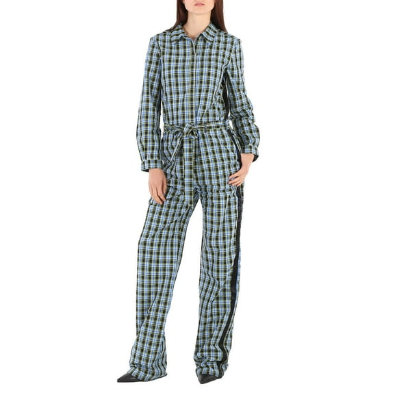 Burberry Ladies Azure Blue Lampton Check Tie Waist Jumpsuit, Brand Size 6 (US Size 4)