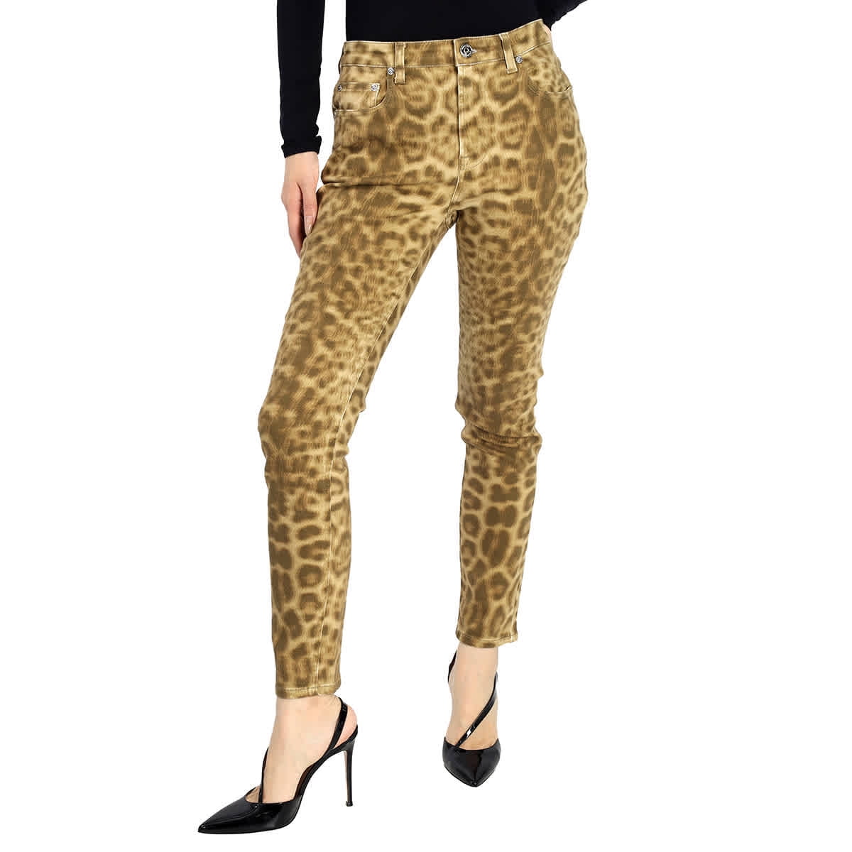 Burberry Ladies Beige Straight Fit Leopard Print Japanese Denim