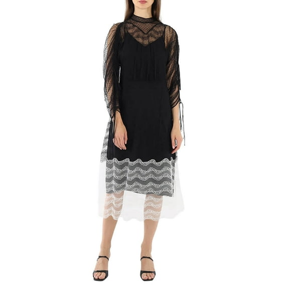 Burberry Ladies Black Geometric Lace Dress With Gathered-sleeves, Brand Size 8 (US Size 6)