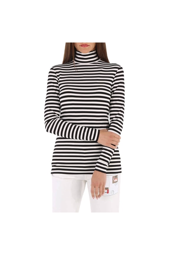 Ladies Black Striped Stretch Jersey Turtleneck Top, Size XX-Small