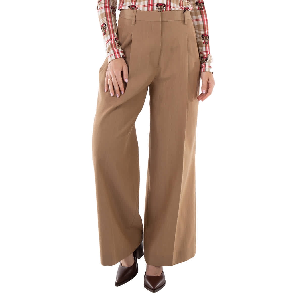【関税&送料込】Burberry Madge Wool Wide-Leg Pants Burberry Ladies Camel Melange Madge Wool Twill Wide Pants