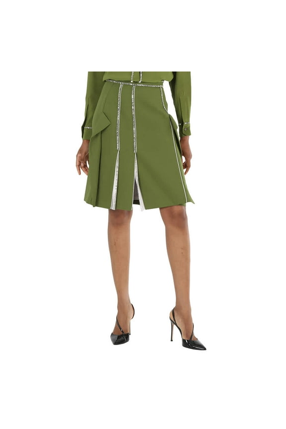 Ladies Cedar Green Crystal Detail Panelled Wool-Crepe A-Line Skirt, Brand Size 6 (US Size 4)