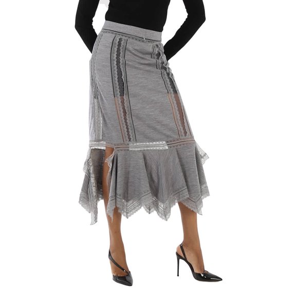 Burberry Ladies Cloud Grey Chantilly Lace And Wool Jersey Skirt, Brand Size 6 (US Size 4)