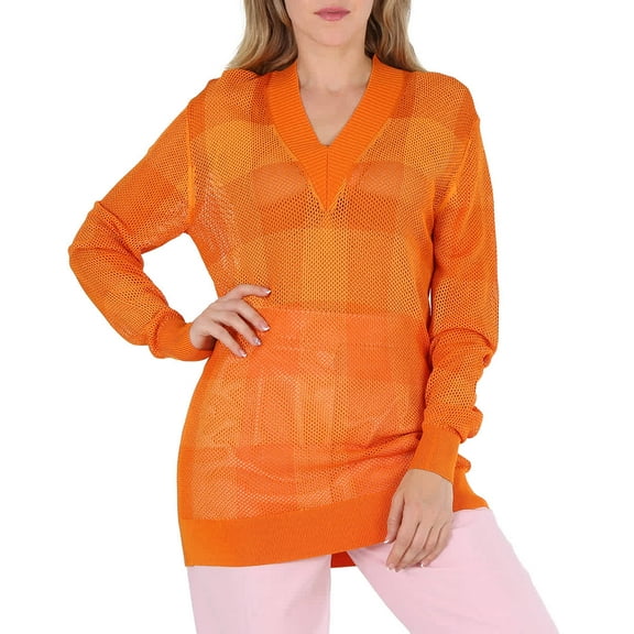 Burberry Ladies Deep Orange Zoie Check Mesh Lace V-Neck Jumper, Size X-Small