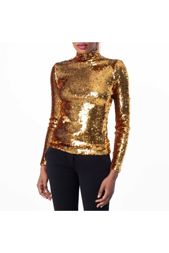 Ladies Gold Sequinned Turtleneck Top, Size Small
