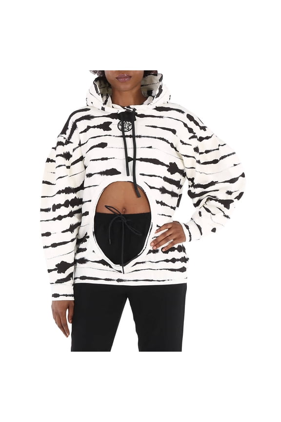 Ladies Monochrome Cut-out Detail Watercolour Print Cotton Hoodie, Size XX-Small