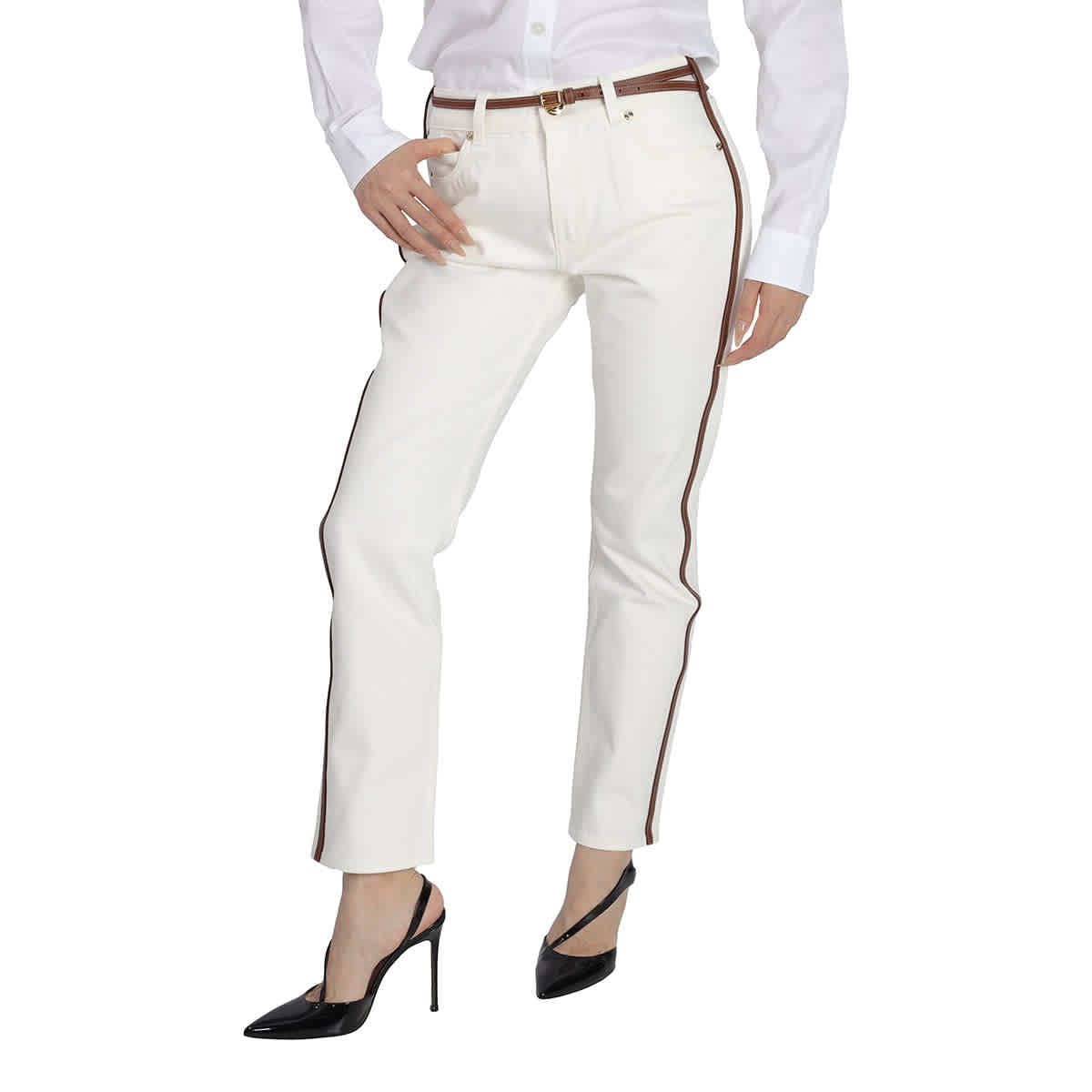 Burberry Straight Fit Leather Harness Detail Jeans Size 28 White