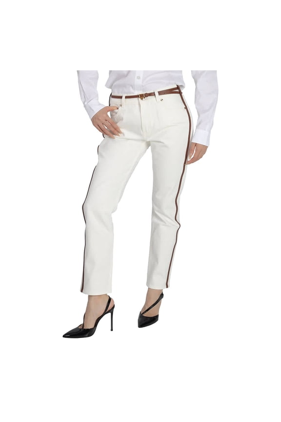 Ladies Off White Straight Fit Leather Harness Detail Jeans, Waist Size 28"