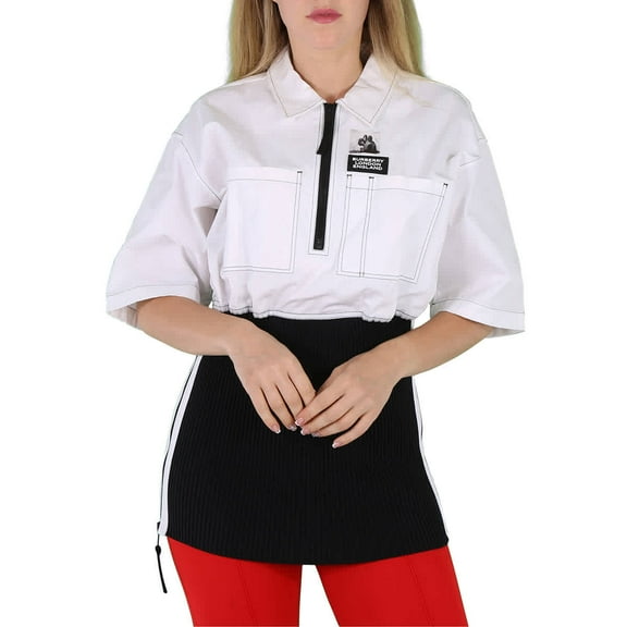 Burberry Ladies Optic White Knitted Panel Short-Sleeved Shirt, Brand Size 4 (US Size 2)