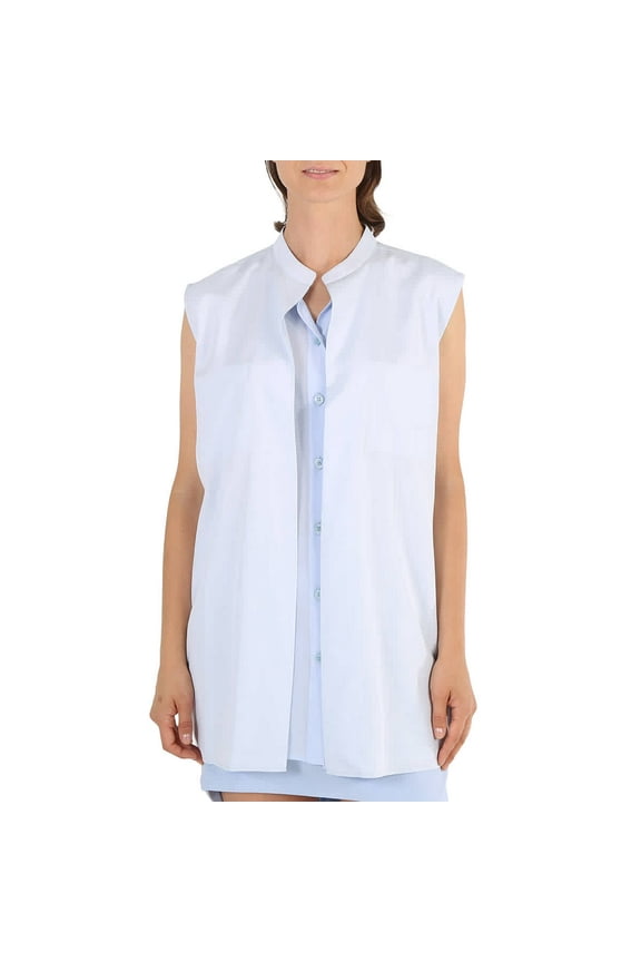 Ladies Pale Blue Suziesl Logo Detail Sleeveless Silk Crepe De Chine Shirt, Brand Size 4 (US Size 2)