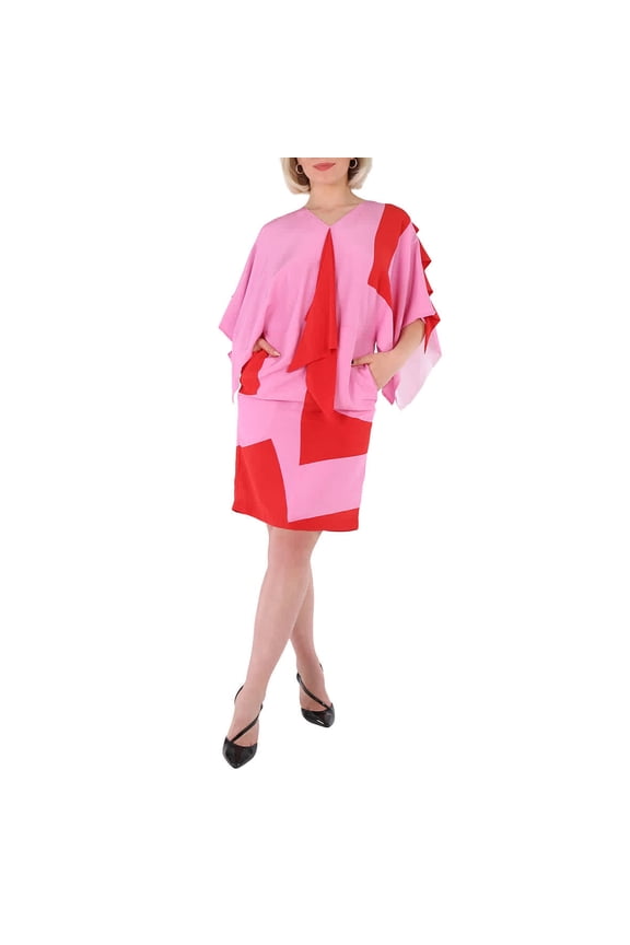 Ladies Primrose Pink Geometric Print Silk Crepe De Chine Cape Sleeve Dress, Brand Size 4 (US Size 2)