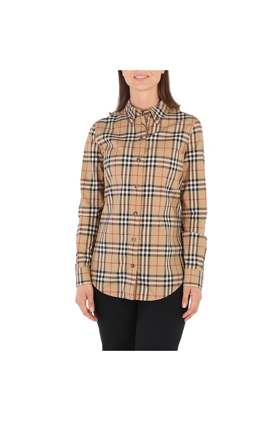 Ladies Vintage Check Stretch Cotton Button-down Collar Shirt, Brand Size 4 (US Size 2)
