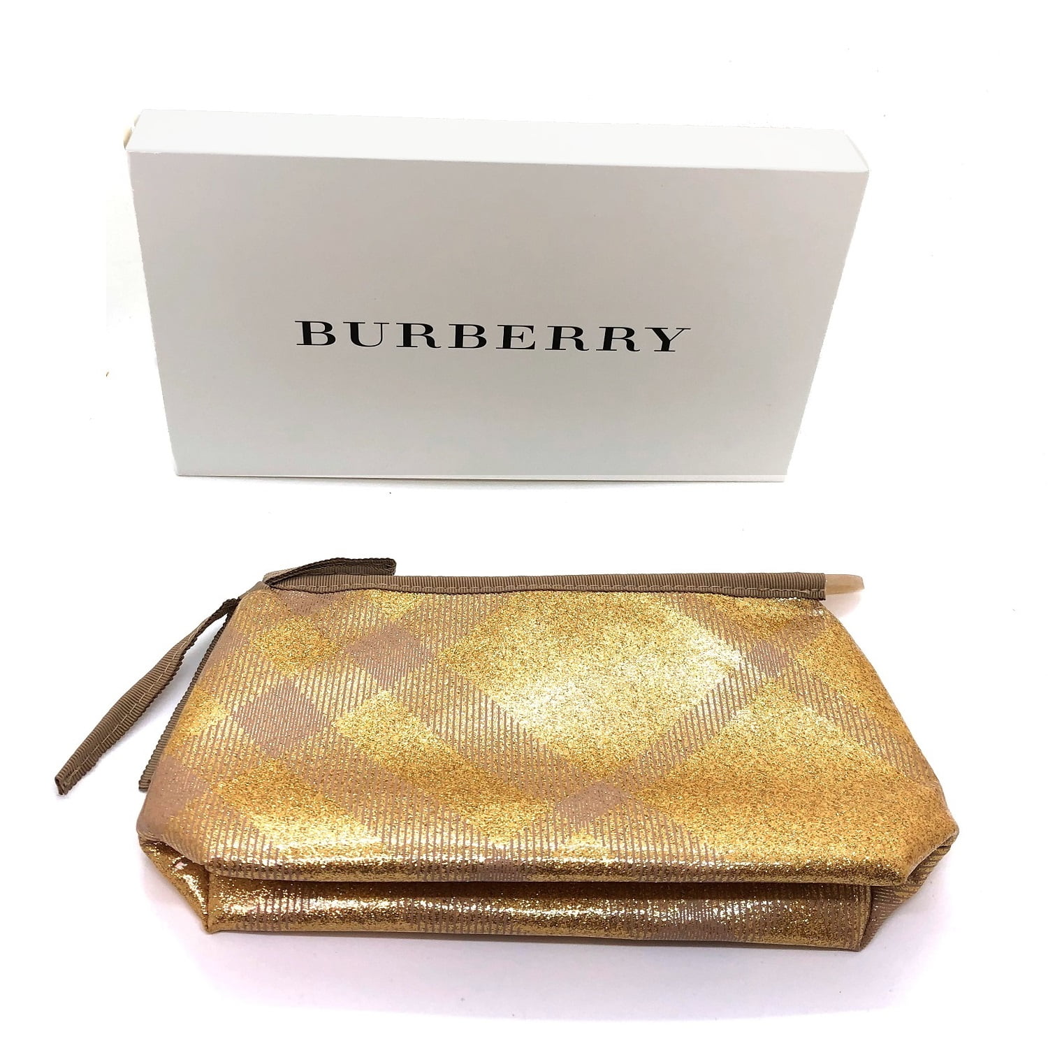 Burberry Large Metallic Gold Travel Toiletry Makeup Bag Pouch with Gift Box  