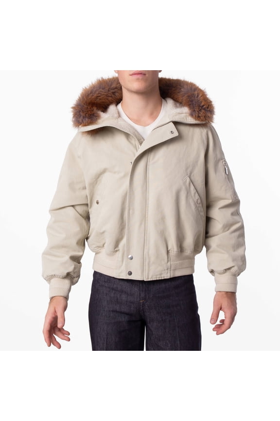 Natural Faux Fur Trim Cotton Bomber Jacket, Size Medium