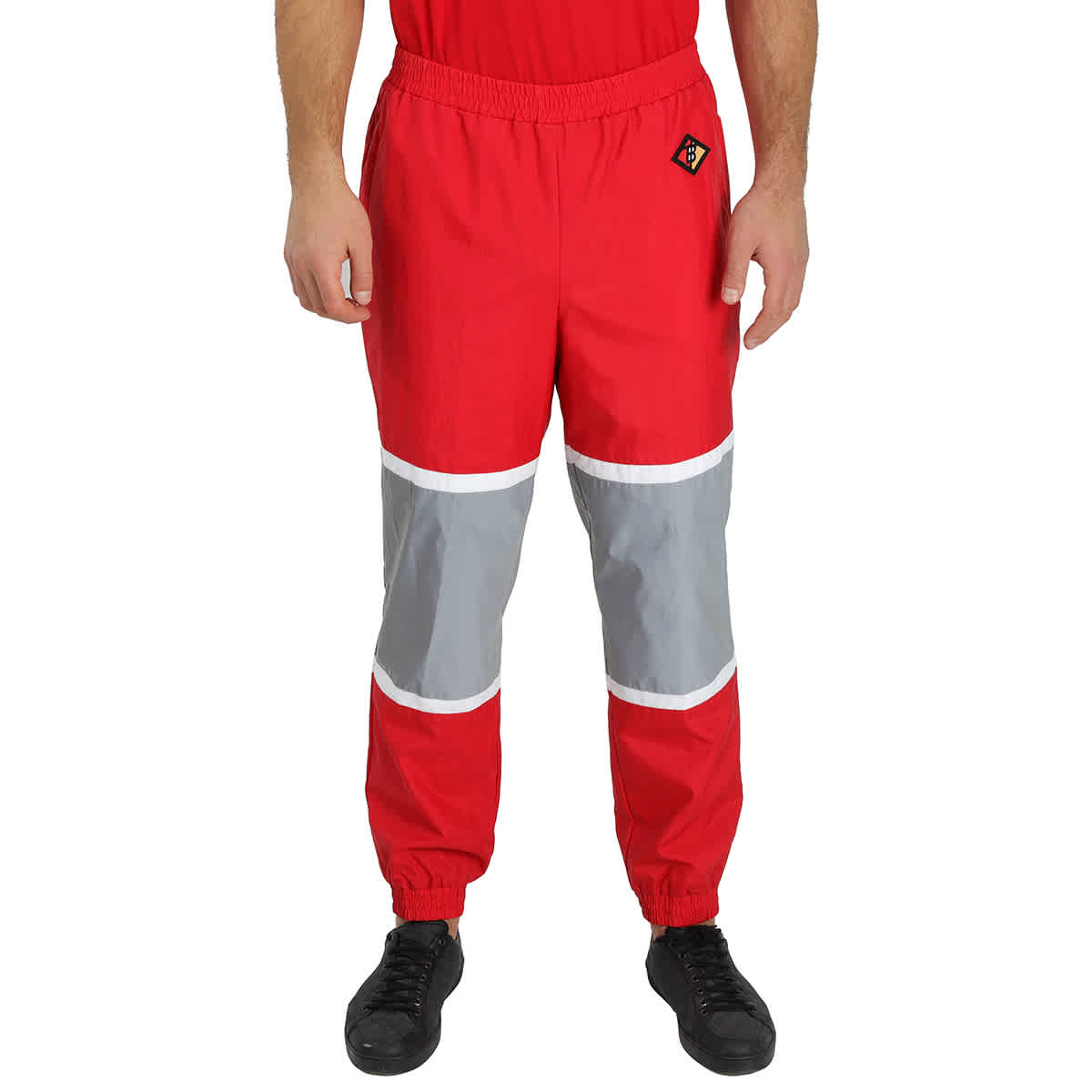 Striped Nylon Logo Graphic Trackpants, Size Medium