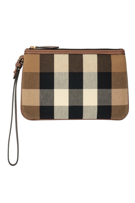 Women's Peyton Canvas Leather Check Clutch, Taupe Brown