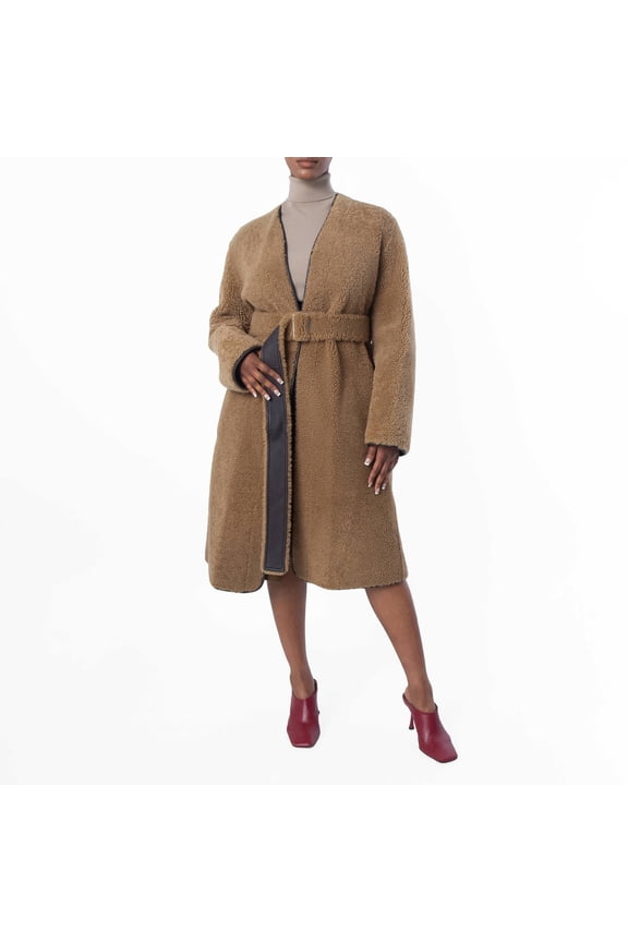 Womens Moss Collarless Shearling Maxi Coat, Brand Size 8 ( US Size 6 )