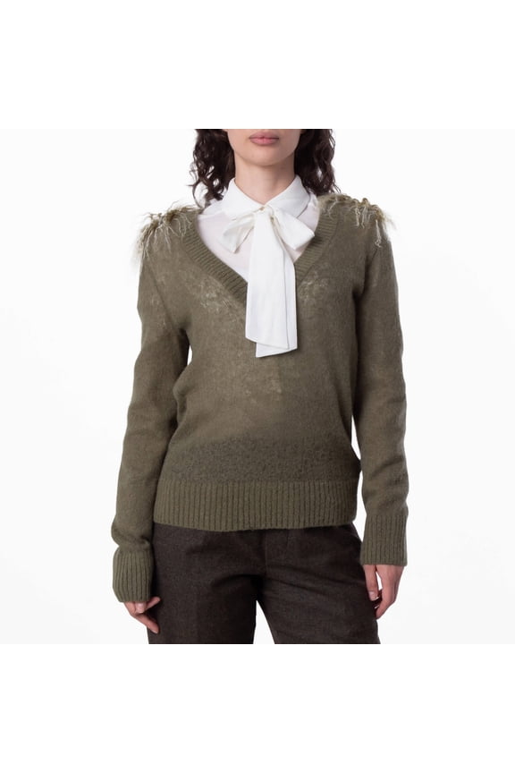 Wool Blend V-Neck Sweater With Shearling Detail, Size X-Small
