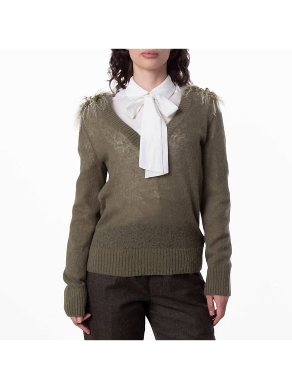 Wool Blend V-Neck Sweater With Shearling Detail, Size X-Small
