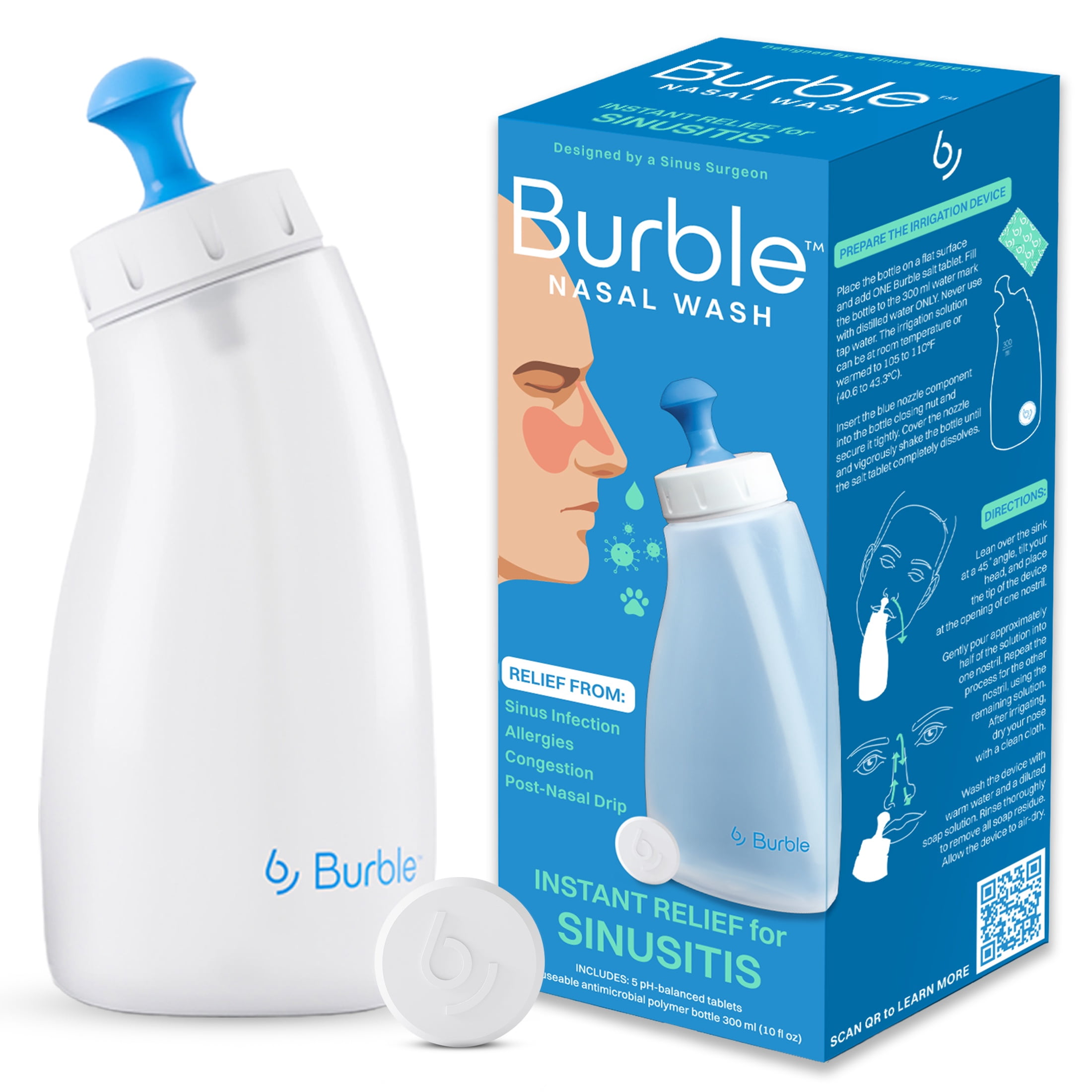 Burble Nasal Wash Sinus Irrigation Kit with Nasal Rinse Bottle and pH ...