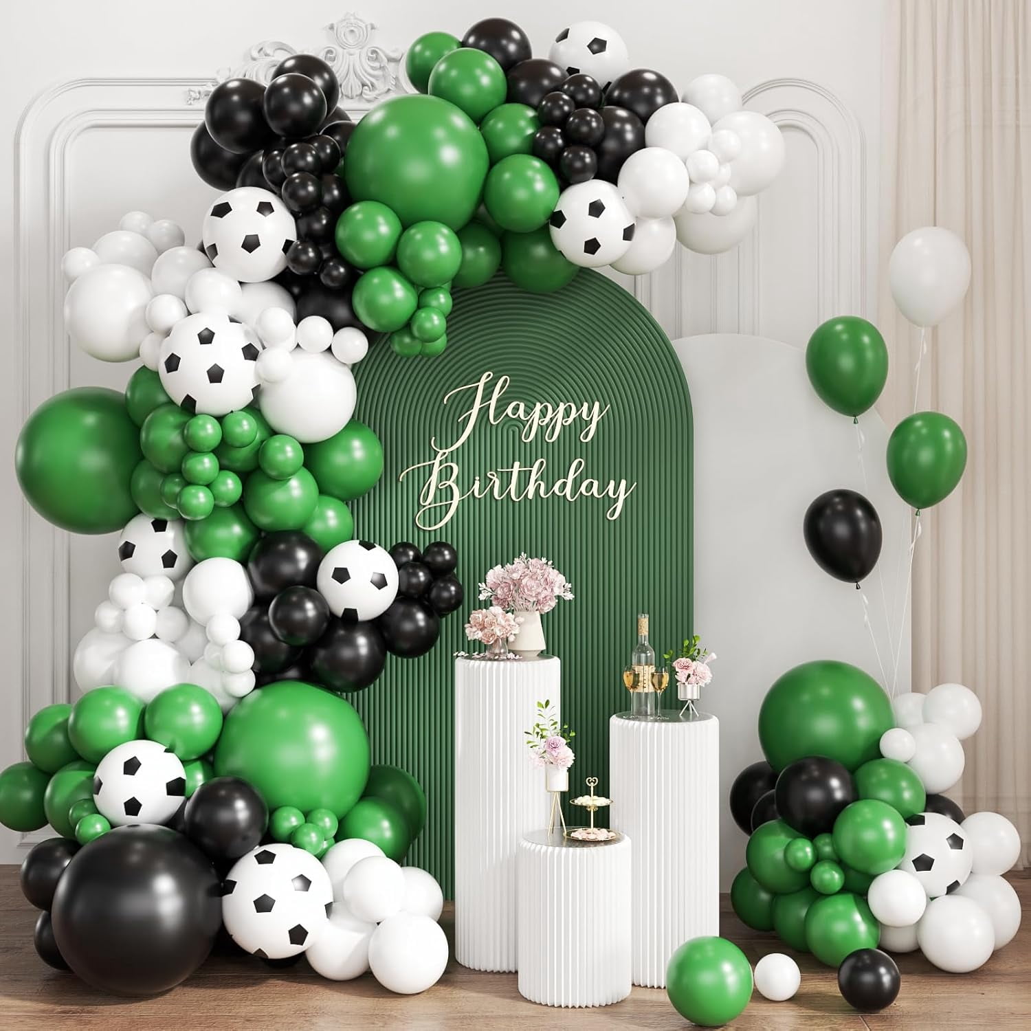 Burculy 167Pcs Soccer Balloon Arch Kit - Black Green White Latex Balloons in 18/12/10/5" with Soccer Prints for Football Theme Birthday, Baby Shower, Graduation, Wedding Party Decorations