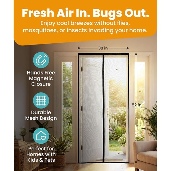 Burculy Magnetic Screen Door - Bugs Out, Breeze in - 9min Install Auto-Sealing Heavy Duty Double Stitched Mesh, 52 Magnets, Hands Free Sliding & Patio Doors Net, Pet & Kid Friendly, 38 x 82 Inch