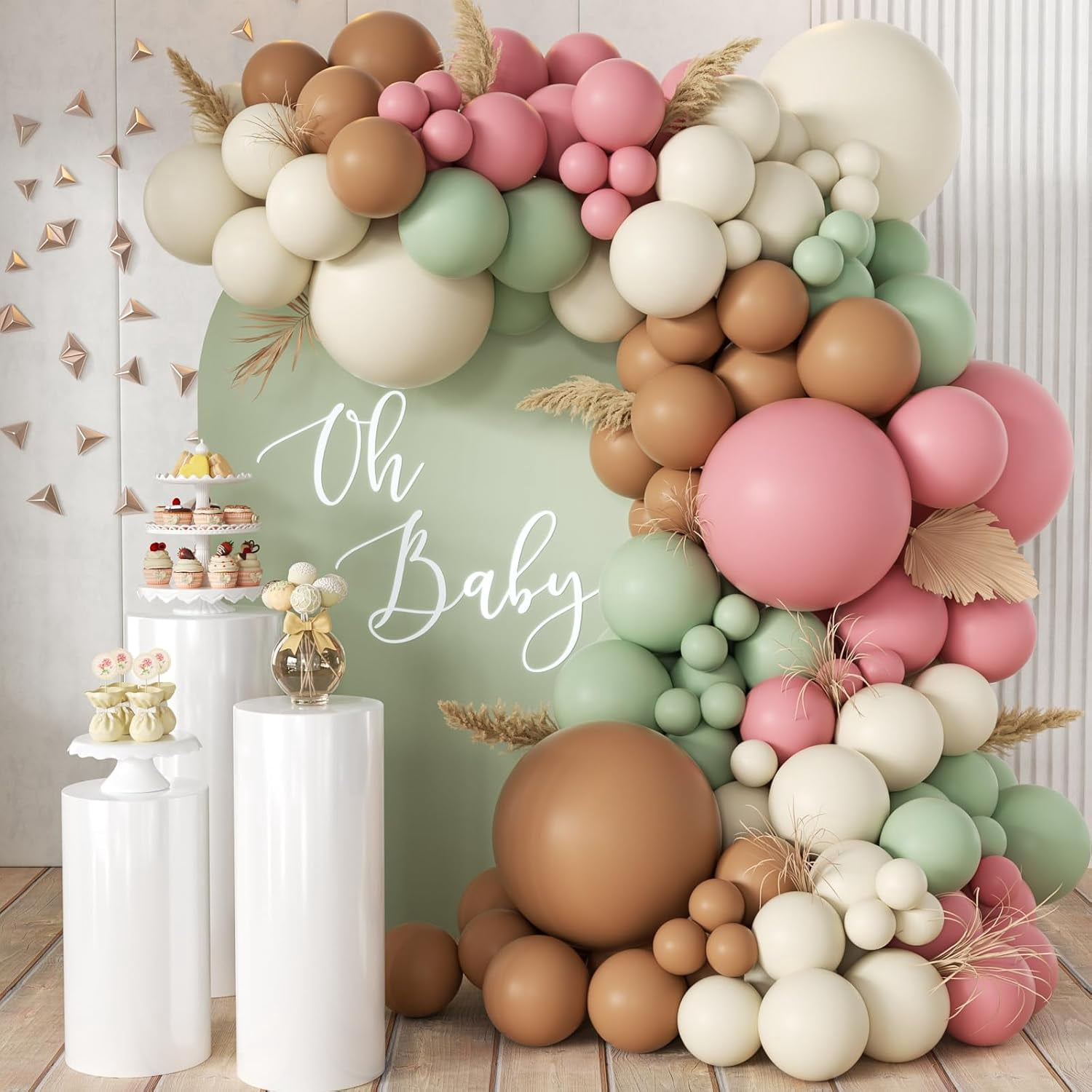 Burculy Pink Green Brown White Balloon Garland Arch Kit, 166Pcs Blush Pink Pastel Green White Sand Tan Brown Boho Balloons for Baby Shower Birthday Wedding Safari Jungle Woodland Party Decorations