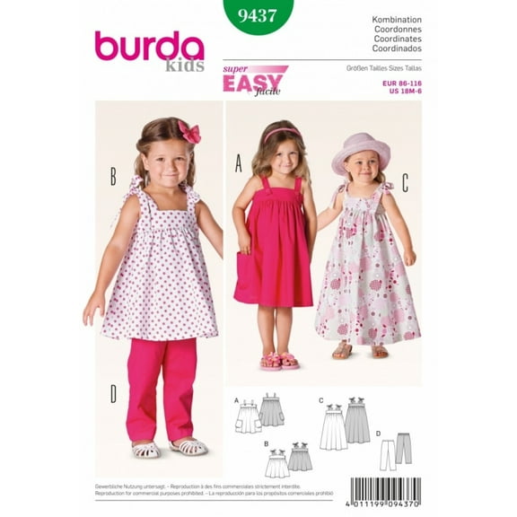 Burda Children's Easy Sewing Pattern 9437 - Top, Pants & Dresses