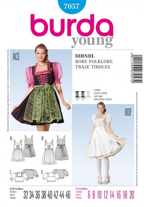 Burda Ladies Sewing Pattern 7057 Folklore Dirndl Dresses - Walmart.com