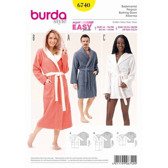 Burda Paper Sewing Pattern 6740 - Robes and Pyjamas for Men, Women