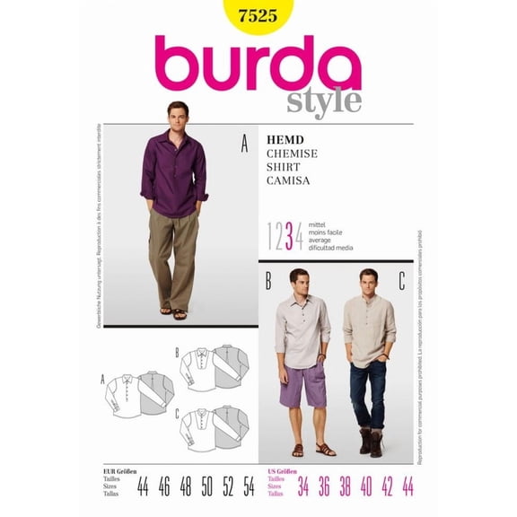 Burda Paper Sewing Pattern 7525 - Shirts and Tops for Men