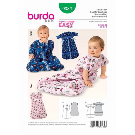 Burda Paper Sewing Pattern 9382 - Onesies and Onesies and Pyjamas for Baby
